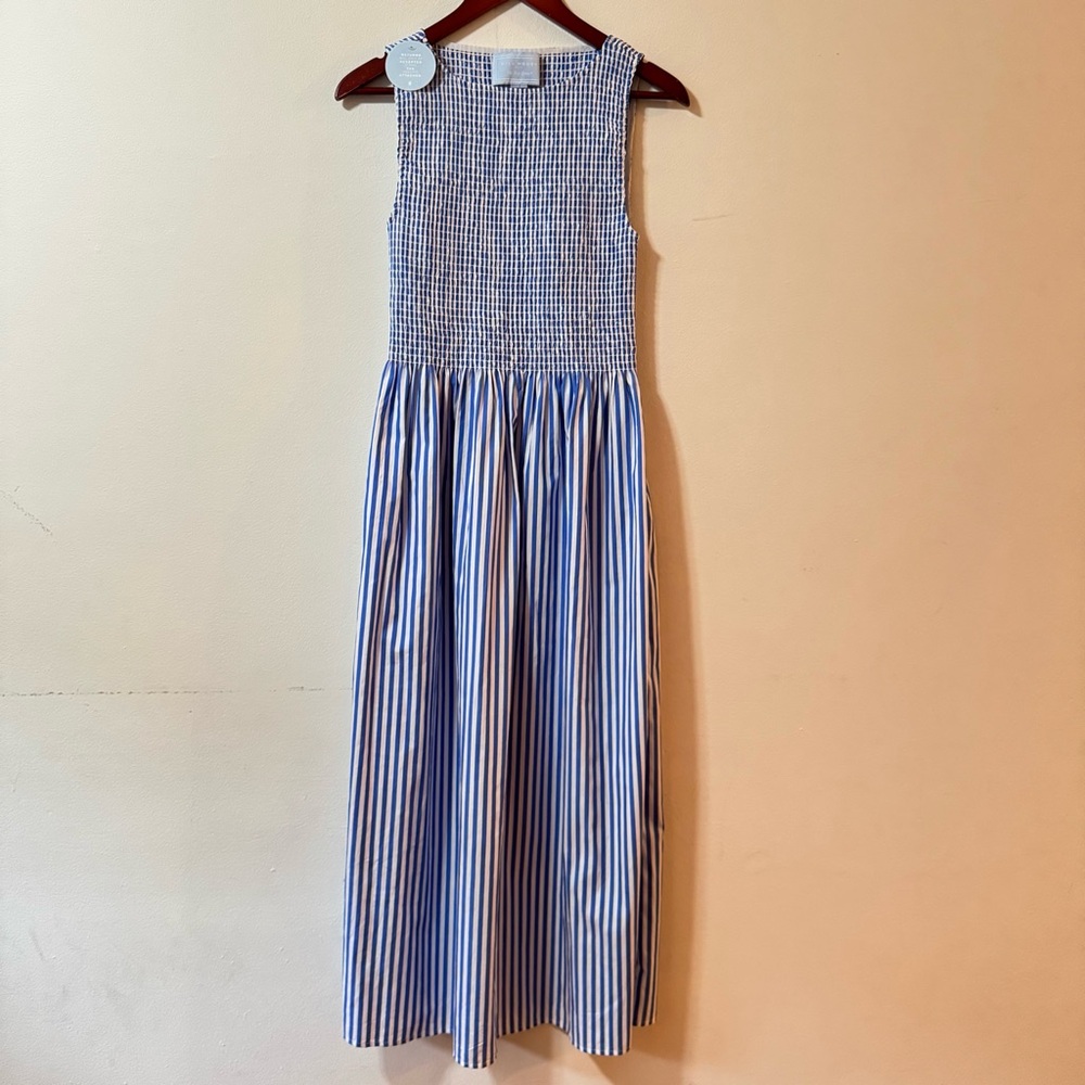 NWT Hill House Blueberry Cosima Blue Striped Smocked Nap Dress size: M
